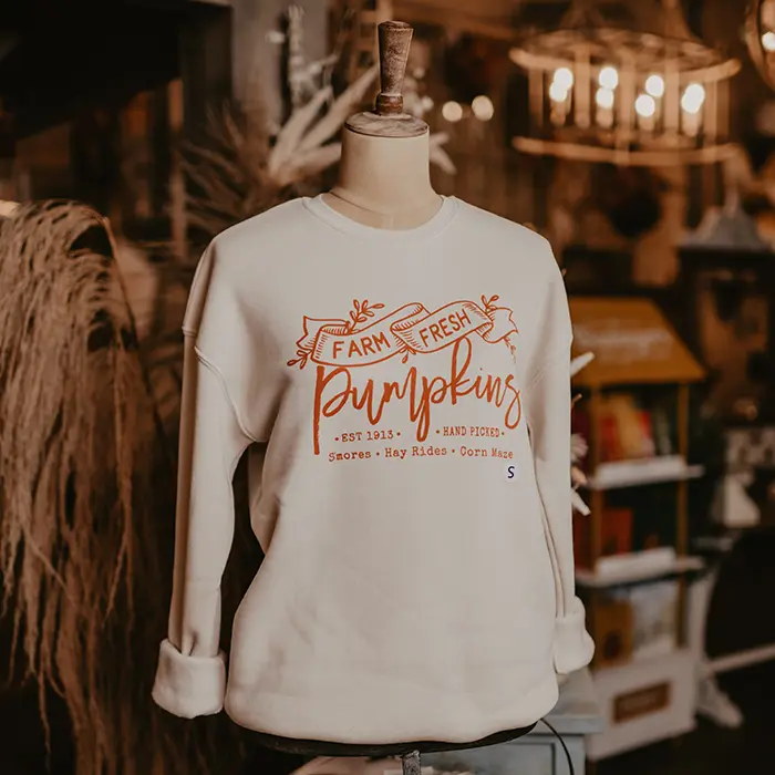 Sweater with "Farm Fresh Pumpkins" written in orange